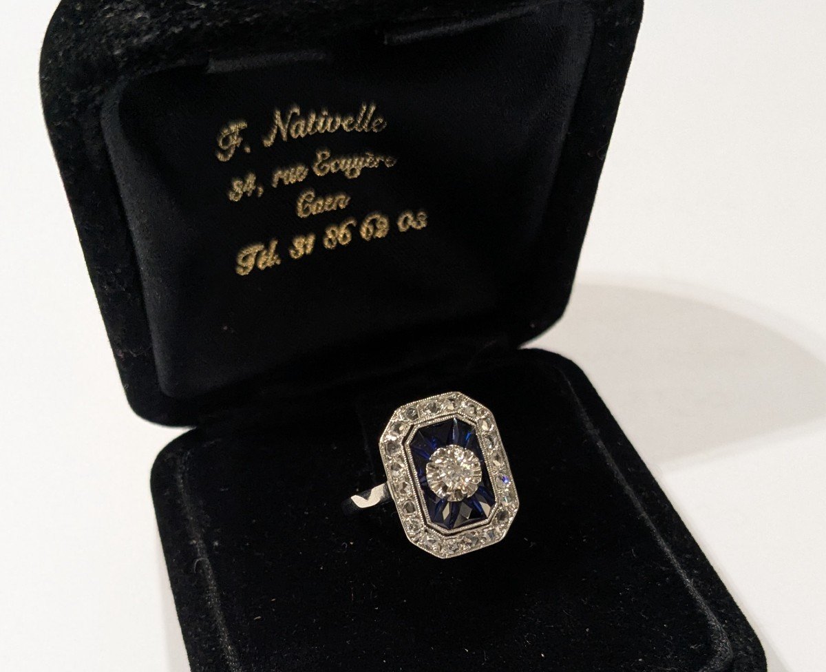 Ring In White Gold, Platinum, Central Diamond And Sapphire - Art Deco-photo-3