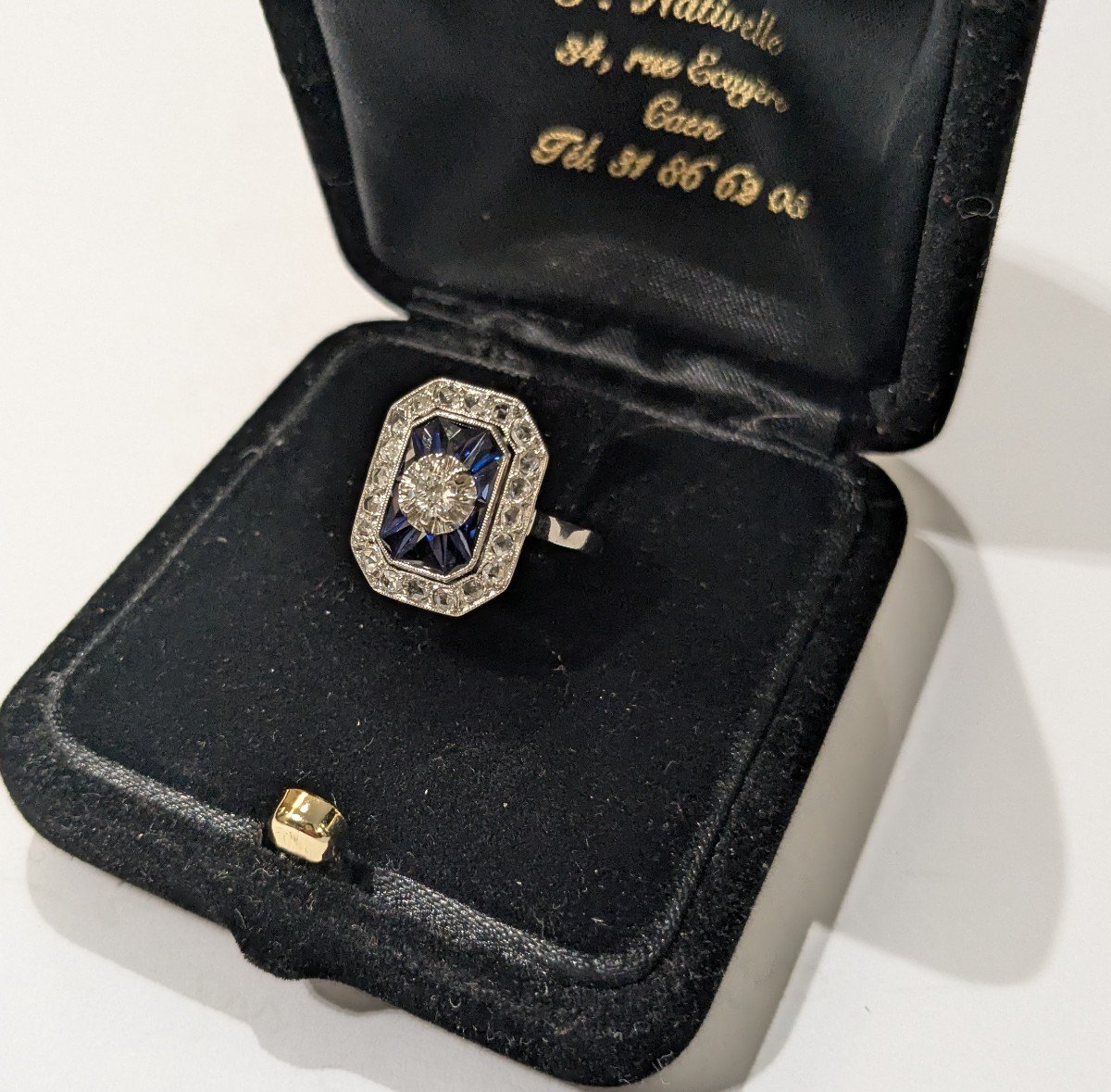 Ring In White Gold, Platinum, Central Diamond And Sapphire - Art Deco-photo-4