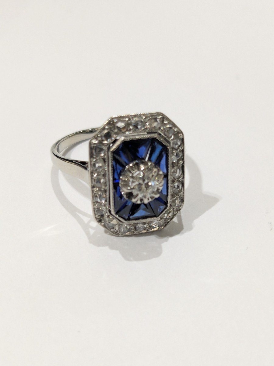 Ring In White Gold, Platinum, Central Diamond And Sapphire - Art Deco-photo-1