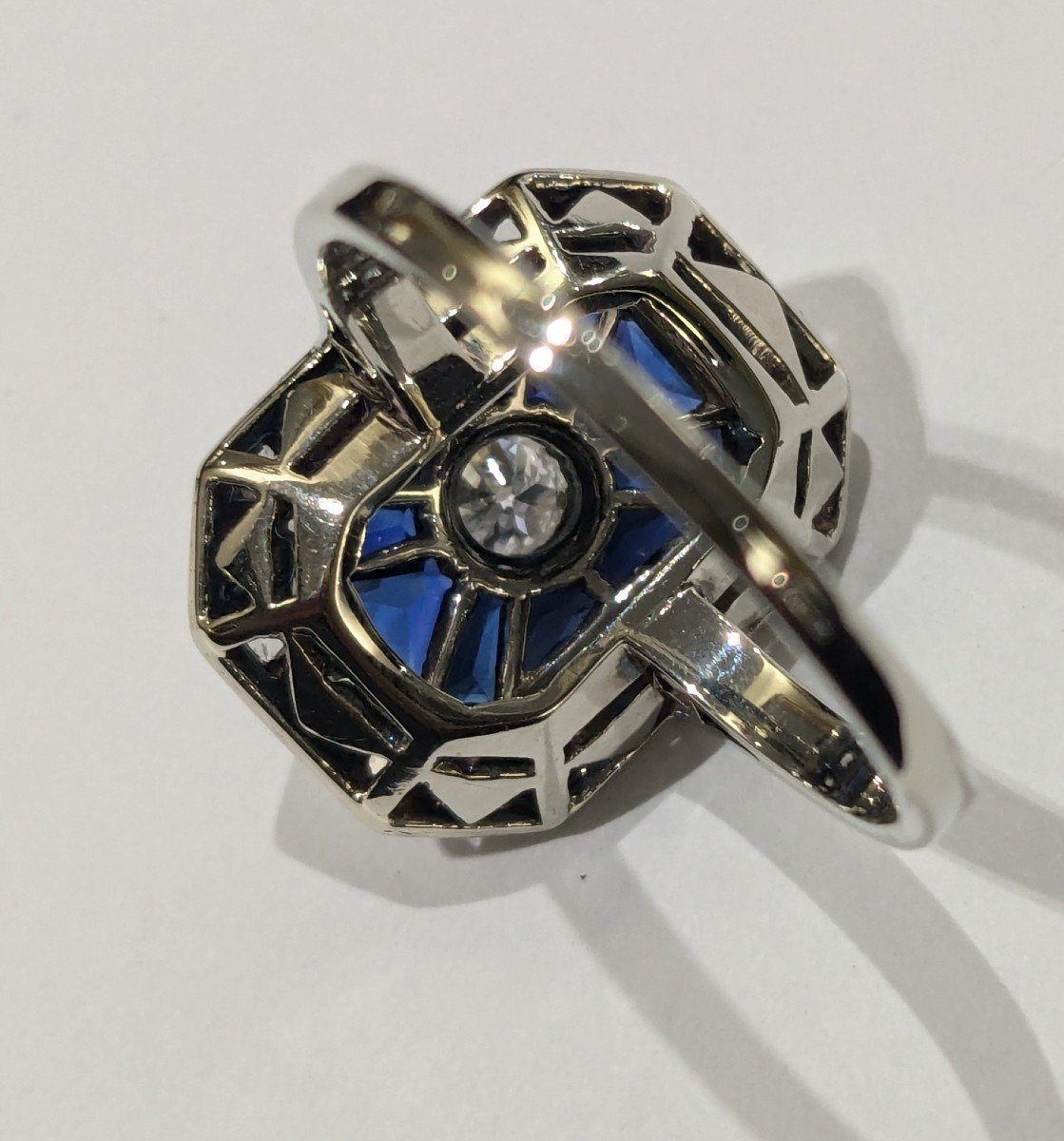 Ring In White Gold, Platinum, Central Diamond And Sapphire - Art Deco-photo-3