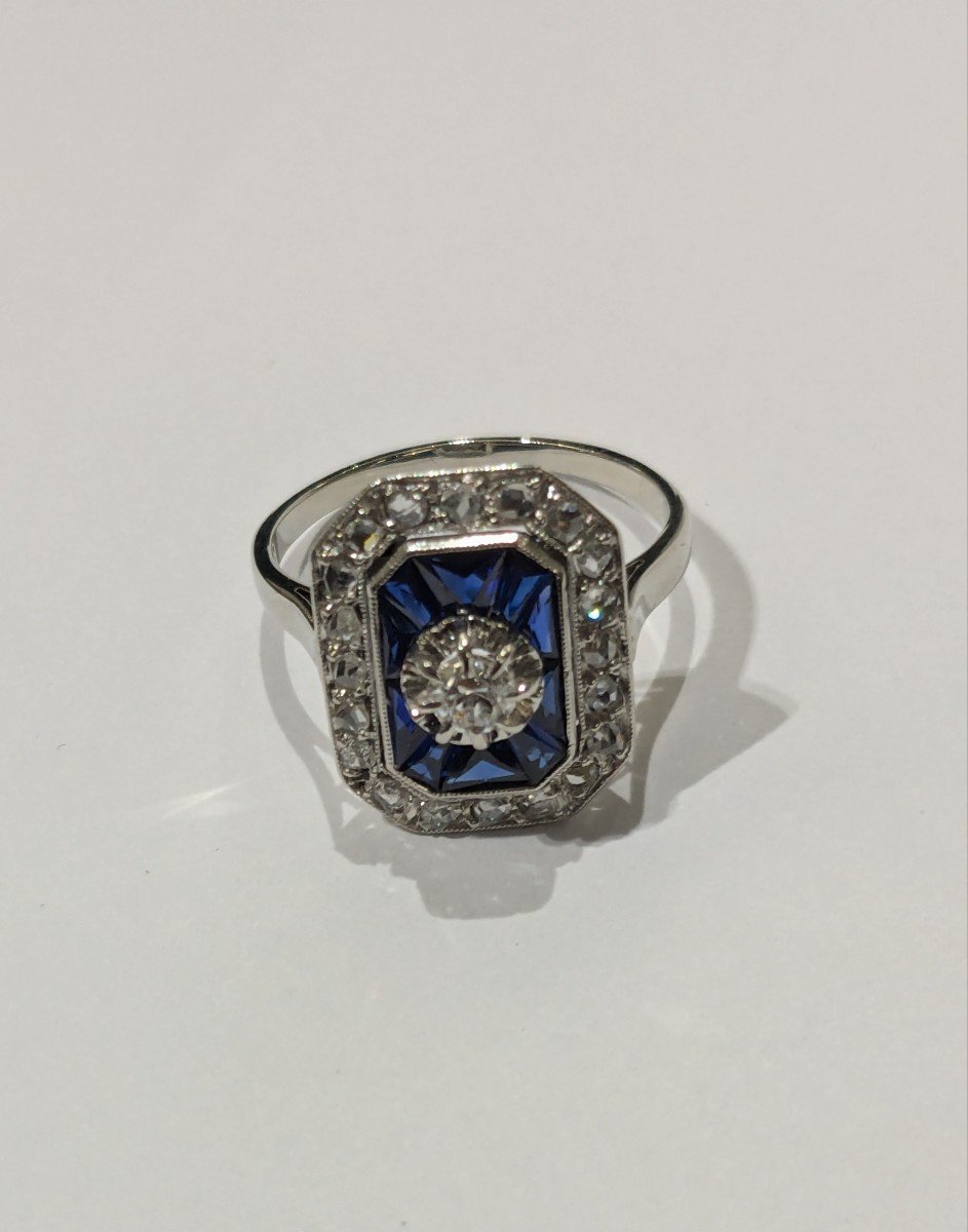 Ring In White Gold, Platinum, Central Diamond And Sapphire - Art Deco-photo-4