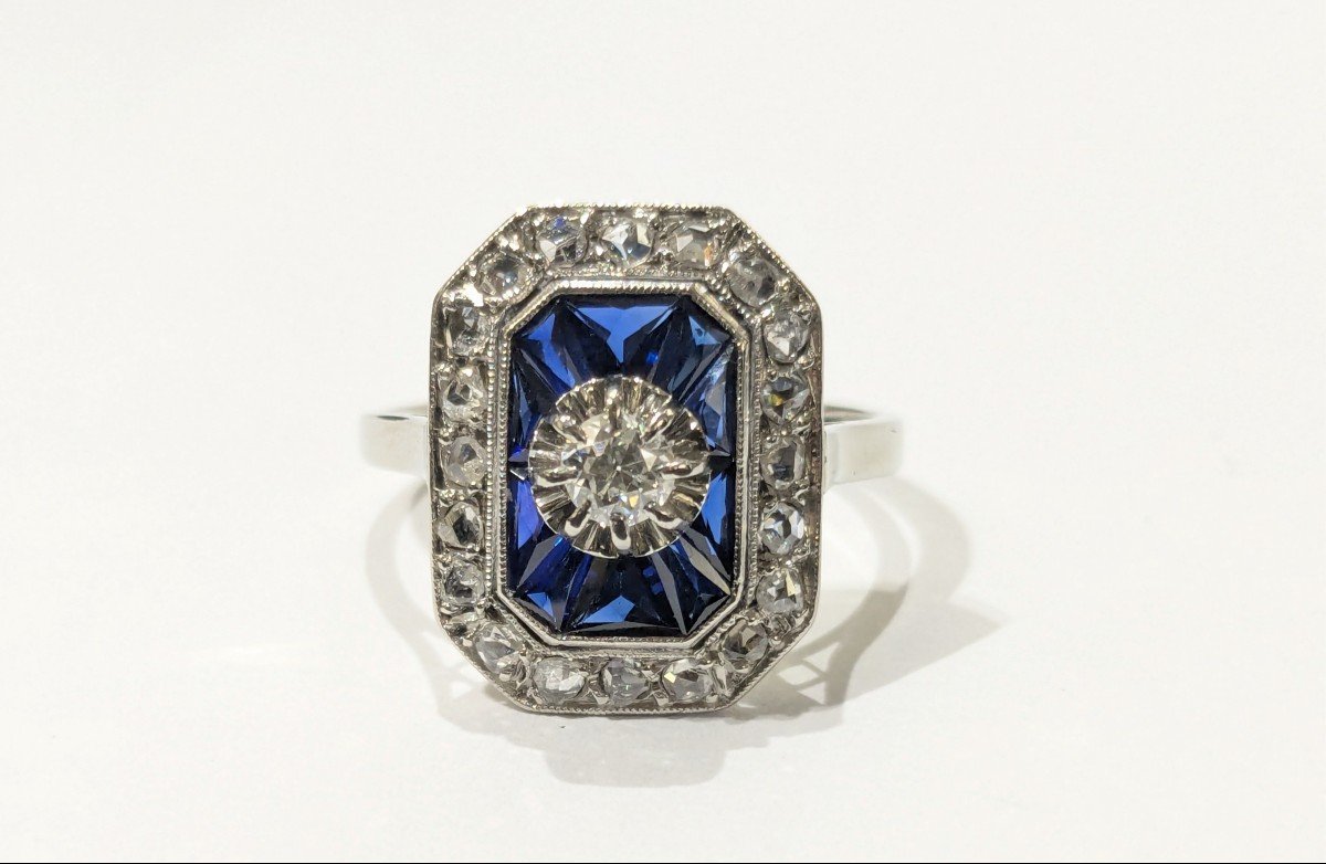 Ring In White Gold, Platinum, Central Diamond And Sapphire - Art Deco-photo-5