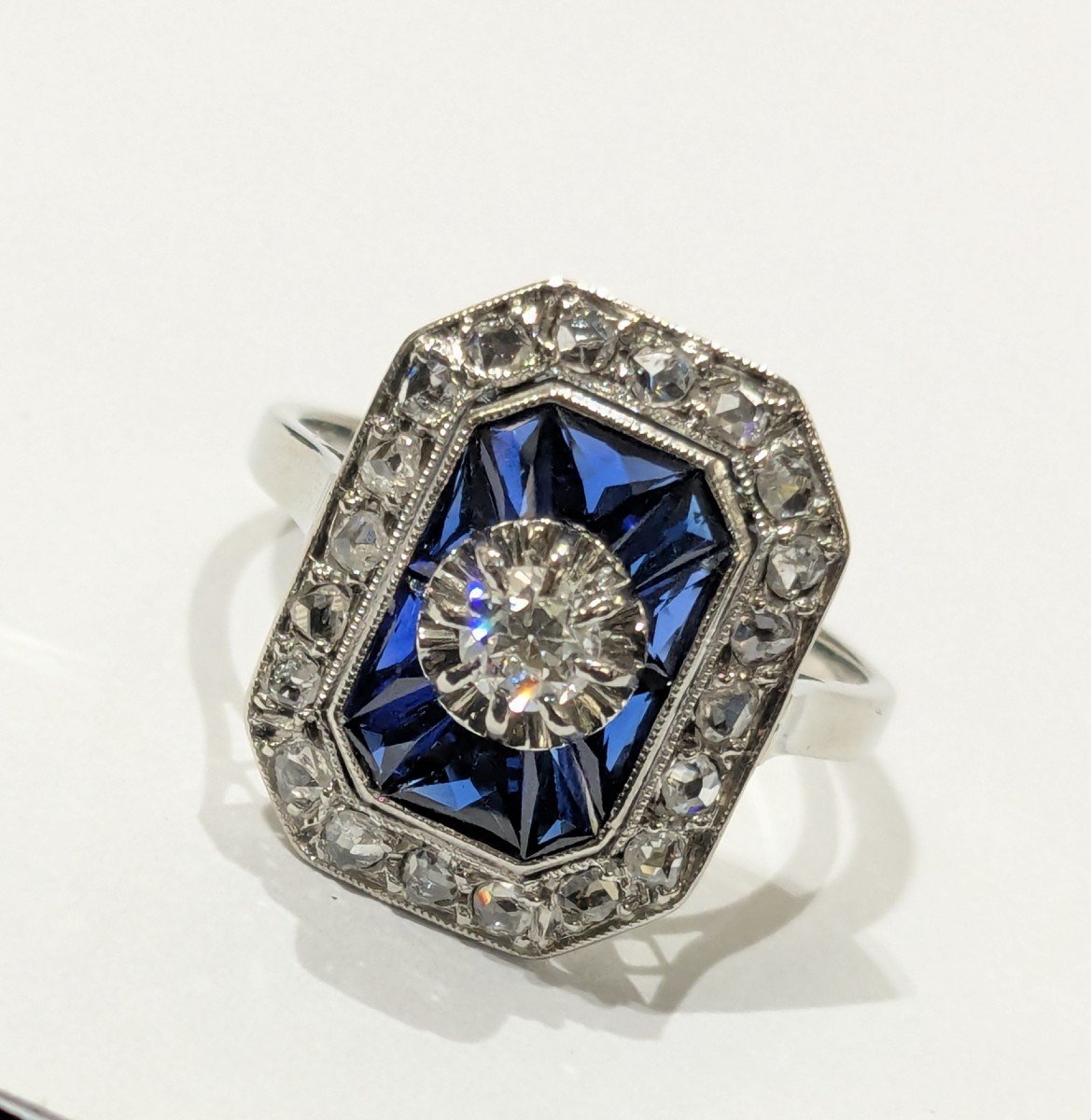 Ring In White Gold, Platinum, Central Diamond And Sapphire - Art Deco-photo-6