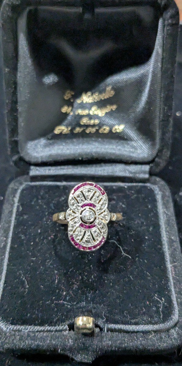 Ring In Yellow Gold, Platinum, Diamonds And Small Rubies-photo-3