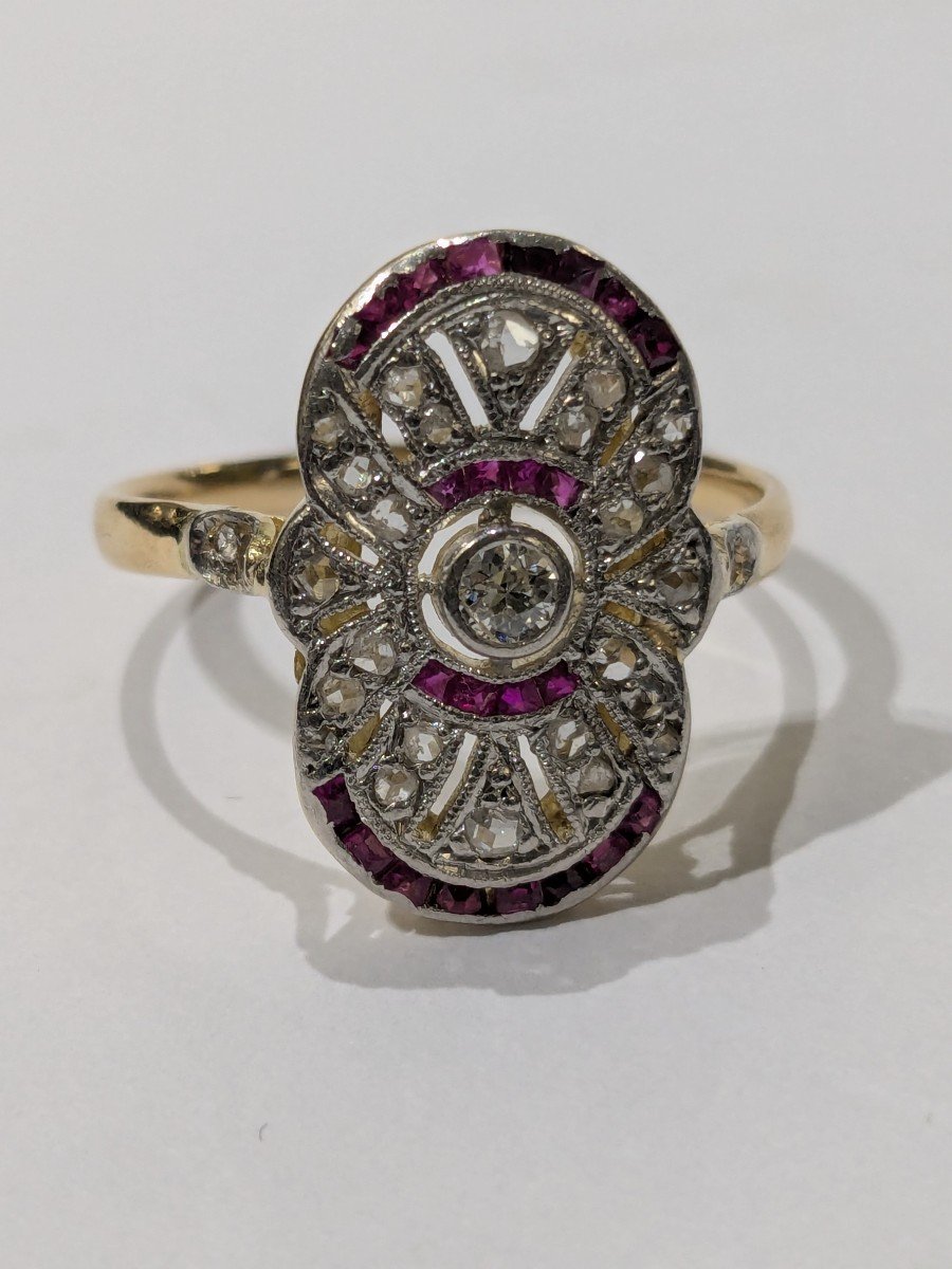 Ring In Yellow Gold, Platinum, Diamonds And Small Rubies-photo-1