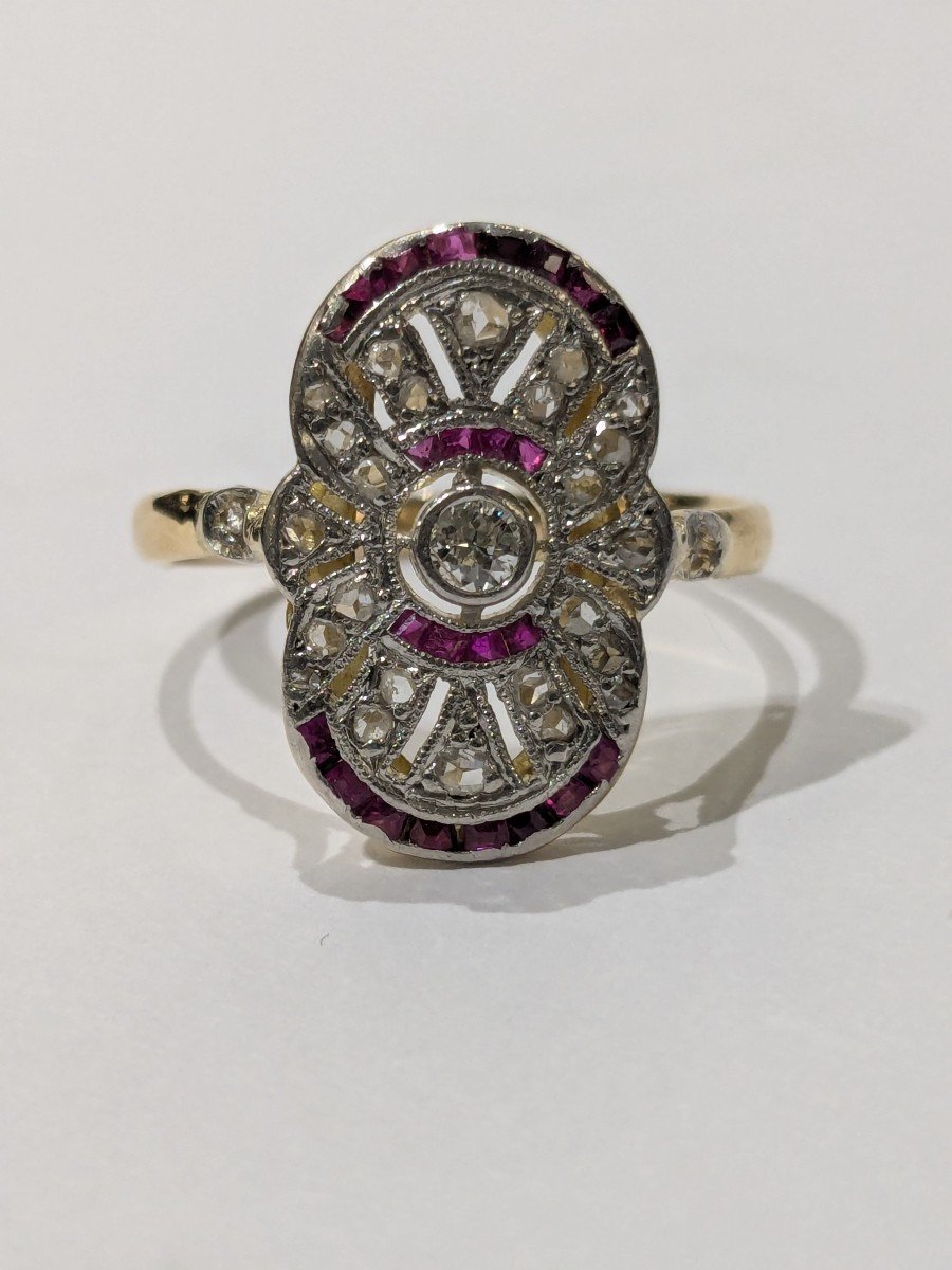 Ring In Yellow Gold, Platinum, Diamonds And Small Rubies-photo-3