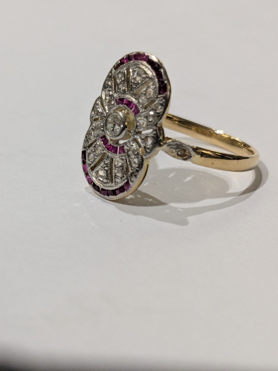 Ring In Yellow Gold, Platinum, Diamonds And Small Rubies-photo-4