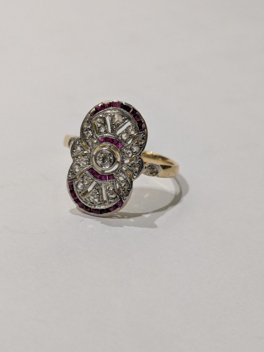 Ring In Yellow Gold, Platinum, Diamonds And Small Rubies-photo-7