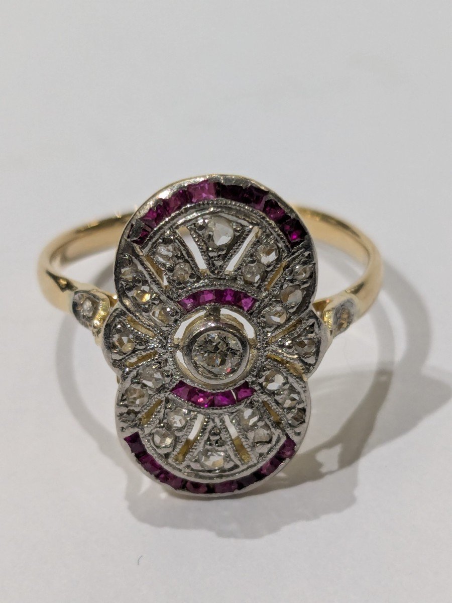 Ring In Yellow Gold, Platinum, Diamonds And Small Rubies-photo-8