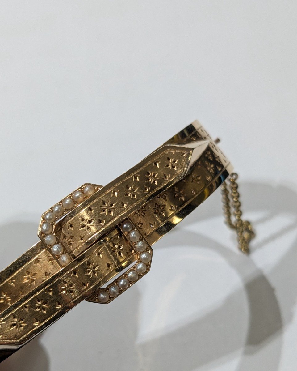 Rigid Bracelet In Guilloché Yellow Gold And Pearls - Late 19th Century-photo-6