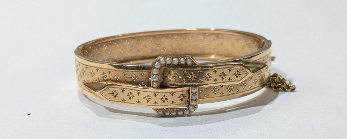 Rigid Bracelet In Guilloché Yellow Gold And Pearls - Late 19th Century-photo-7