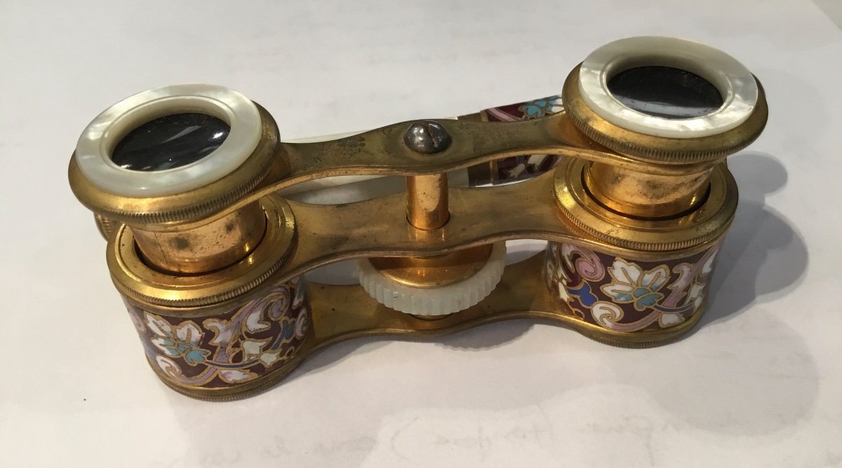 Pair Of Theater Binoculars In Mother-of-pearl And Bronze Decorated With Flowers - Period 1900-photo-4