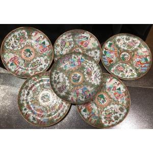 Canton - Suite Of 6 Porcelain Plates - 19th Century
