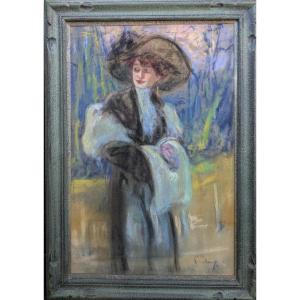 Pastel "woman With A Muff" Signed By Fortuney 