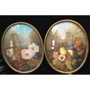 Pair Of Oval Pastels "bouquets Of Flowers", Frame With Oval Gilded Baguette - Circa 1900