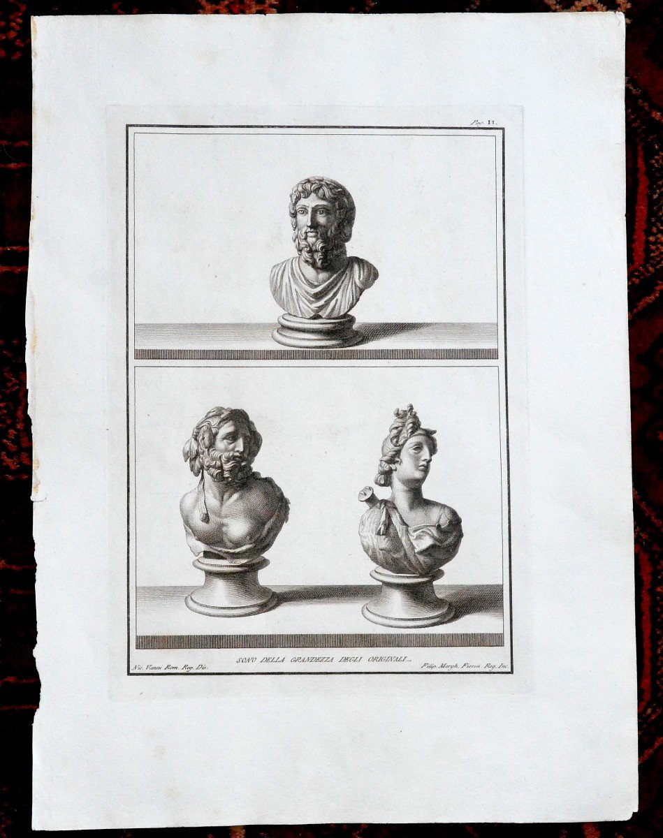 3 Roman Busts. 18th Century Engraving.-photo-2