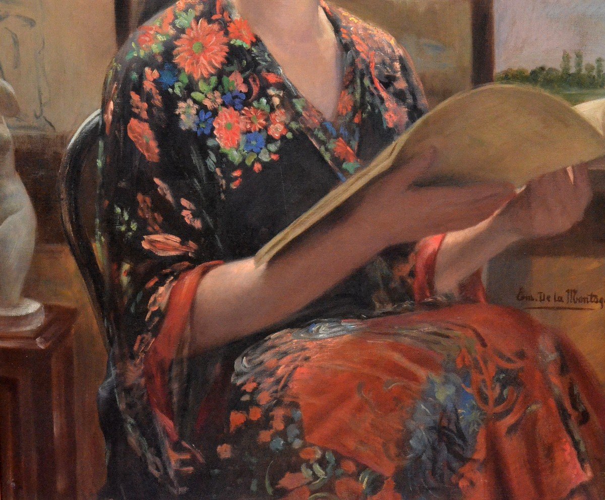 Grand portrait de femme en kimono dans l’atelier du peintre.-photo-4