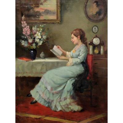 Jeune femme à la lecture, dans un intérieur.