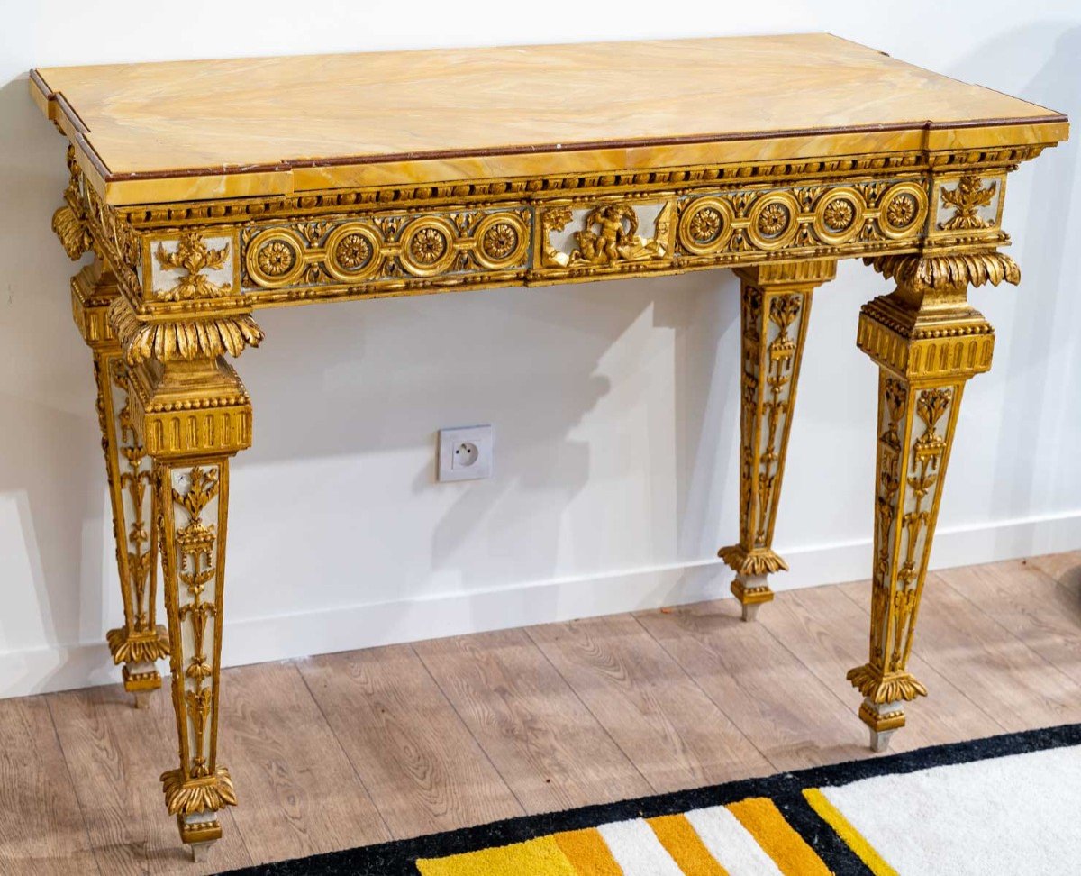 Exceptionnal Four Legs Console Table Carved Giltwood, Genova, Italy, Late 18th Century-photo-2