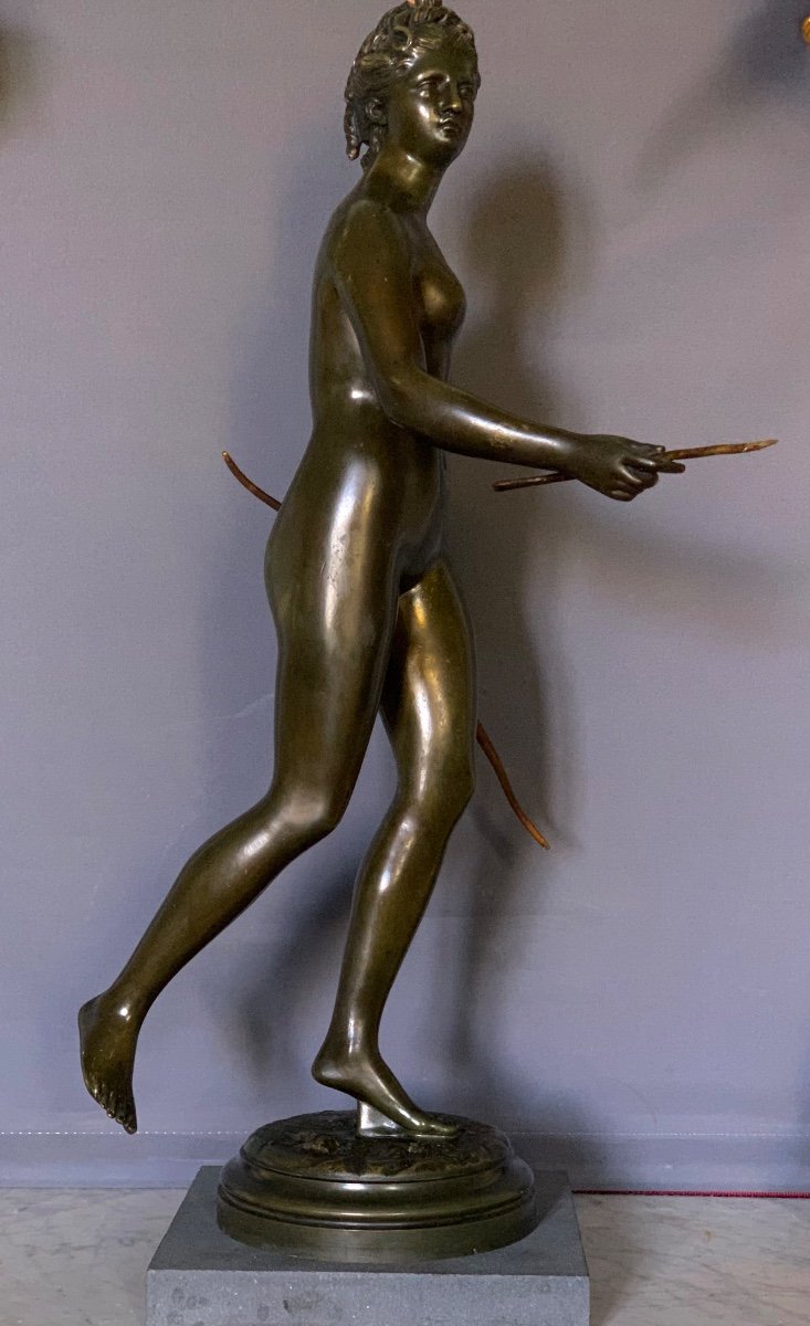 Diane, d’après J. A. Houdon , sculpture Bronze XIXeme , Belle Patine -photo-3