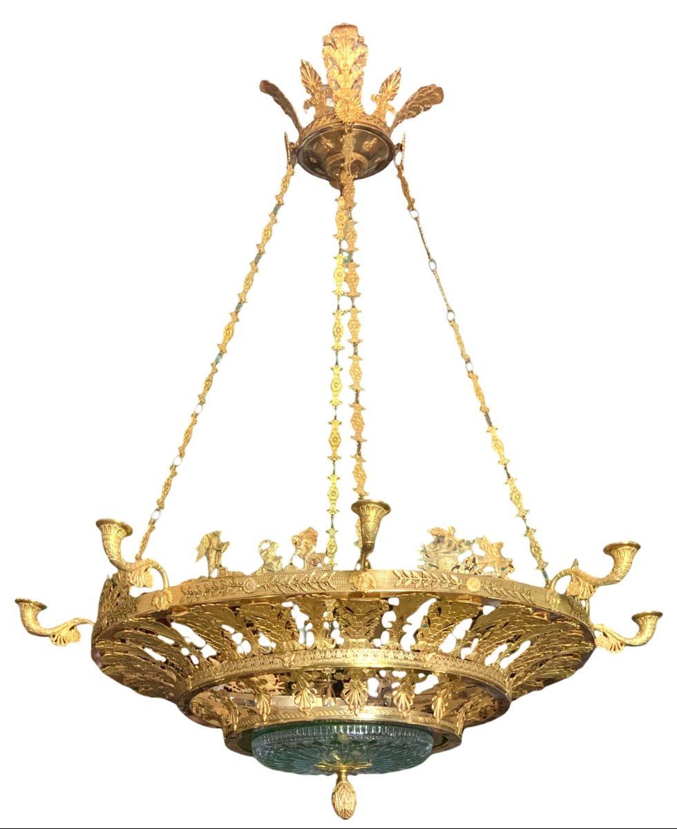 Lustre Neo-classique de Style Empire, Bronze Doré et Cristal Vert -photo-4