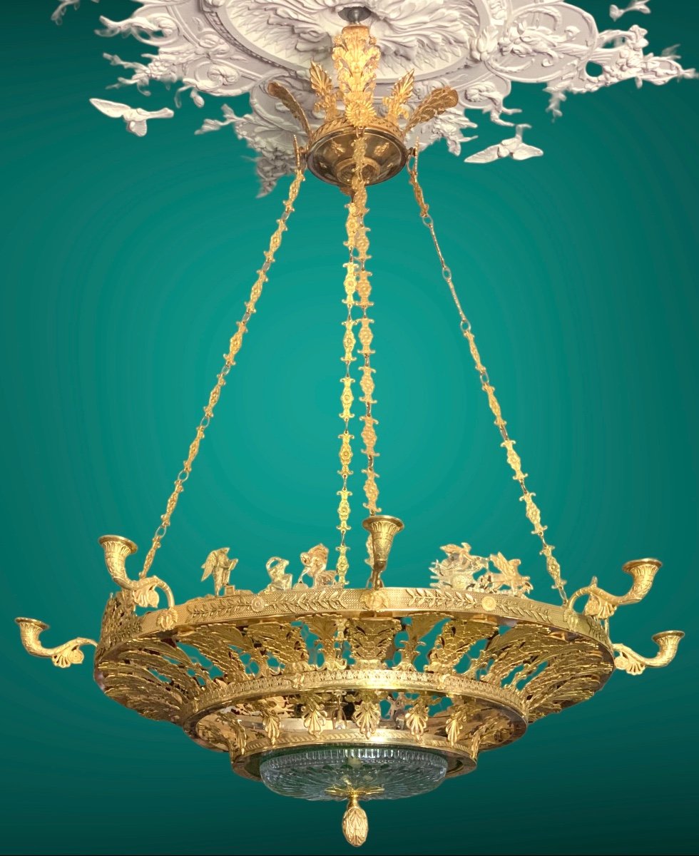 Neo-classical Chandelier In Empire Style, Gilt Bronze And  Green Cristal -photo-1