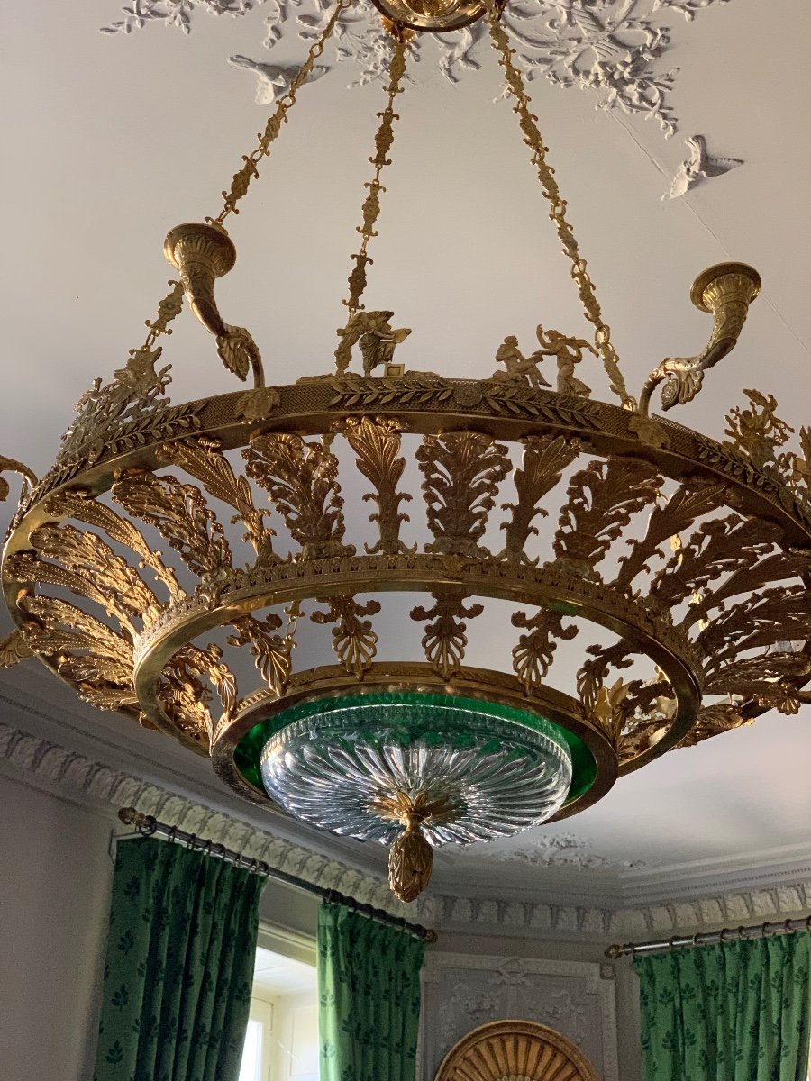 Neo-classical Chandelier In Empire Style, Gilt Bronze And  Green Cristal 