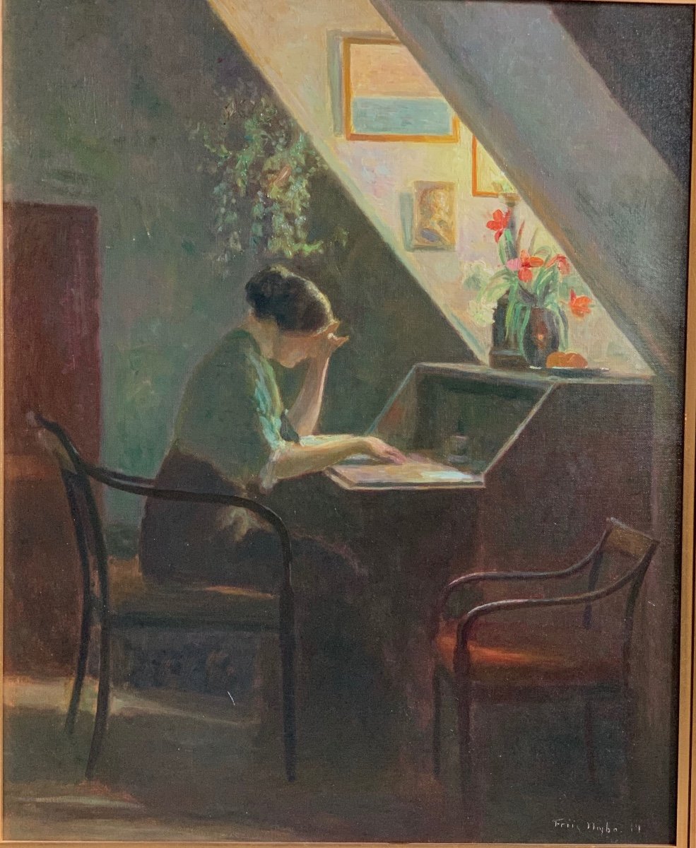 Lady Reading Lit By An Attic , Oil Sign. Friis Nybo, 1914. , Danish School