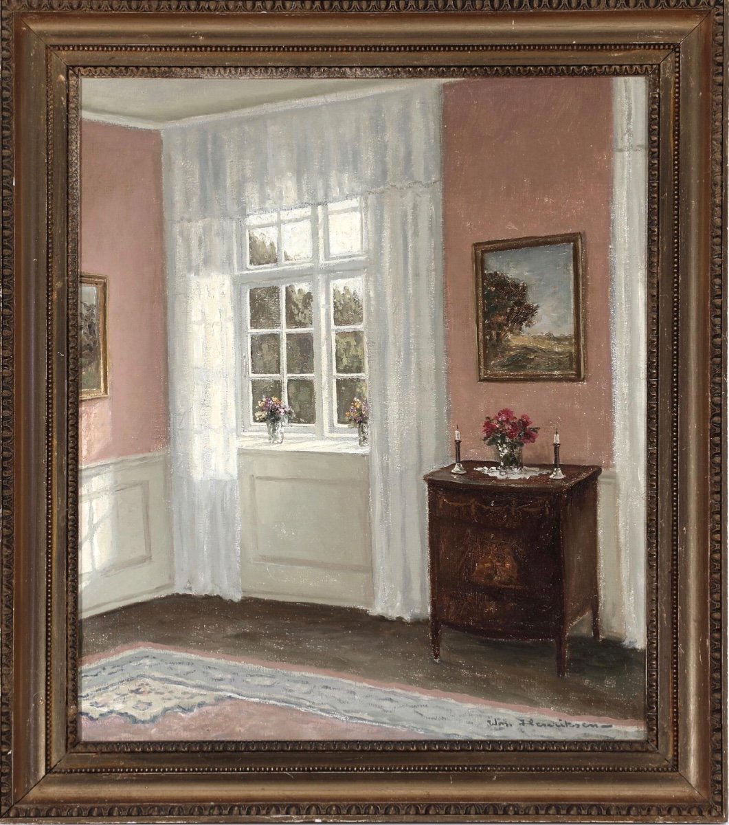 Window Light In A Pink Interior, Oil On Canvas, Signed Wm. Henriksen, Danish School-photo-2