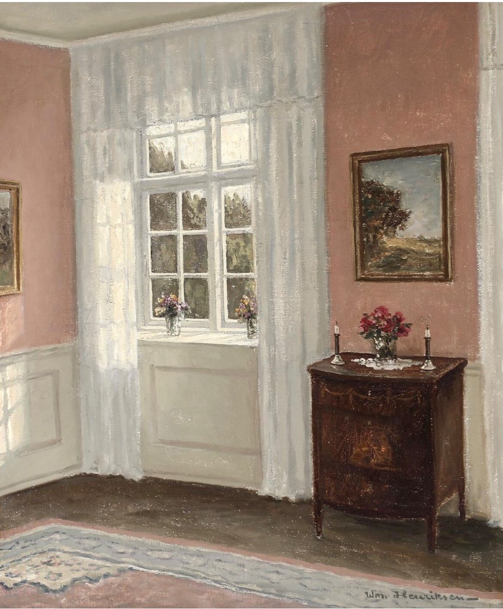 Window Light In A Pink Interior, Oil On Canvas, Signed Wm. Henriksen, Danish School-photo-3