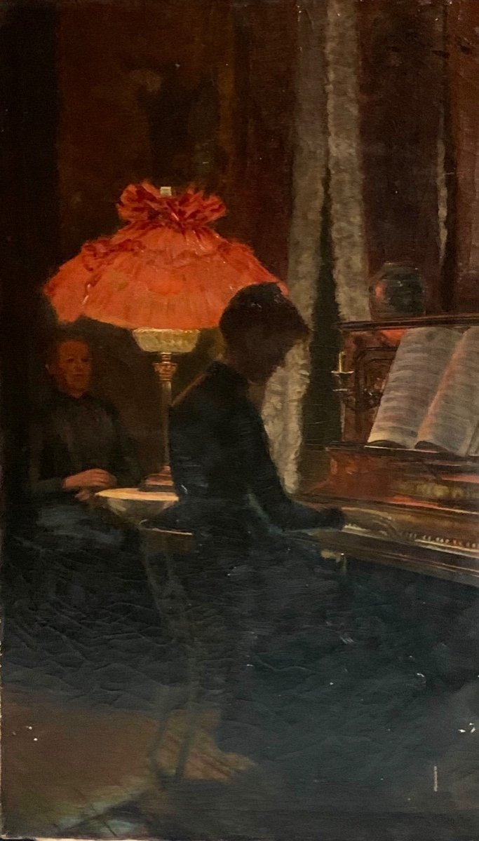 La Leçon de Piano, Albert Wang, 1892, Huile Sur Toile 