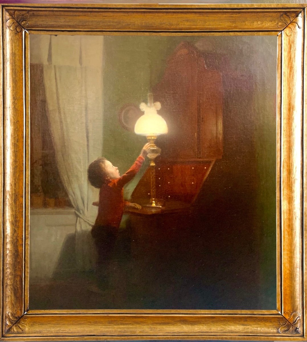 Petit Garçon réglant la Lampe , Signé Carl V. Meyer. 1904, Ec Danoise Huile Sur Toile-photo-3