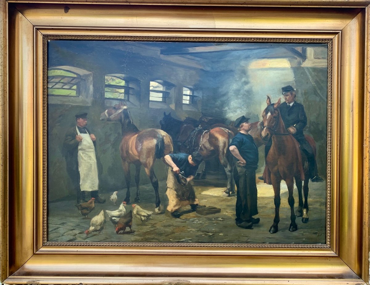 Blacksmith At Manor’s Stable Oil/linen Sign. G. V. Blom, Danish School 