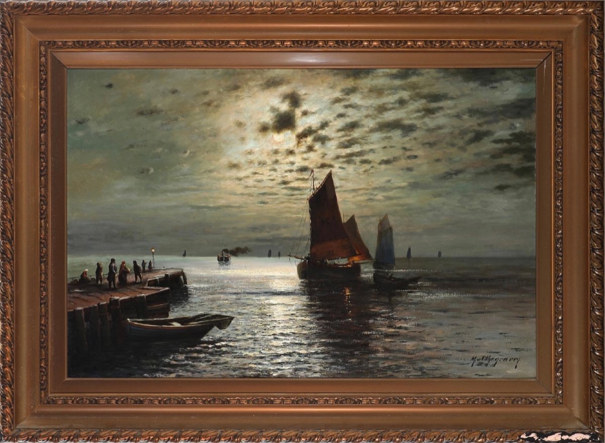 Pleine Lune sur la Mer, Grande  Huile/ Toile, Sign. Max Von Othegraven Ec. Allemande Fin XIX S.-photo-2