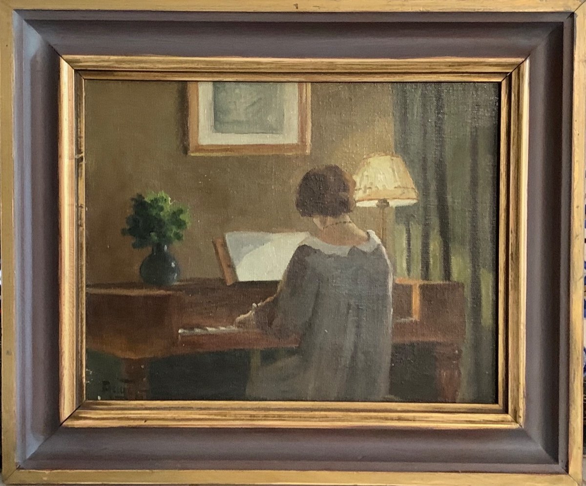 Lady From Back At Her  Piano,  Oil On Canvas  Signed Aage Jensen Early 20th Century