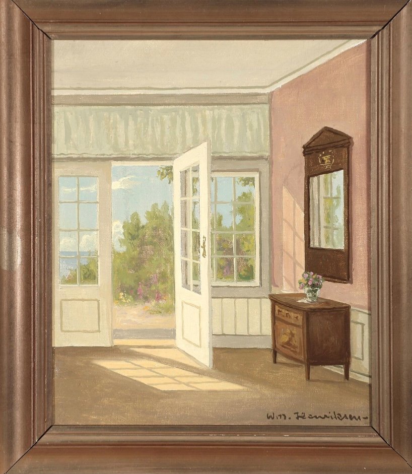 “sunny Interior Opening Onto A Garden”, O/l, Signed Wim Henriksen, Danish School 