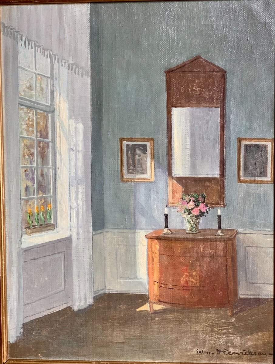 Sunny Blue Interior , Sign. Wim. Henriksen , Danish Schol, O/l. 