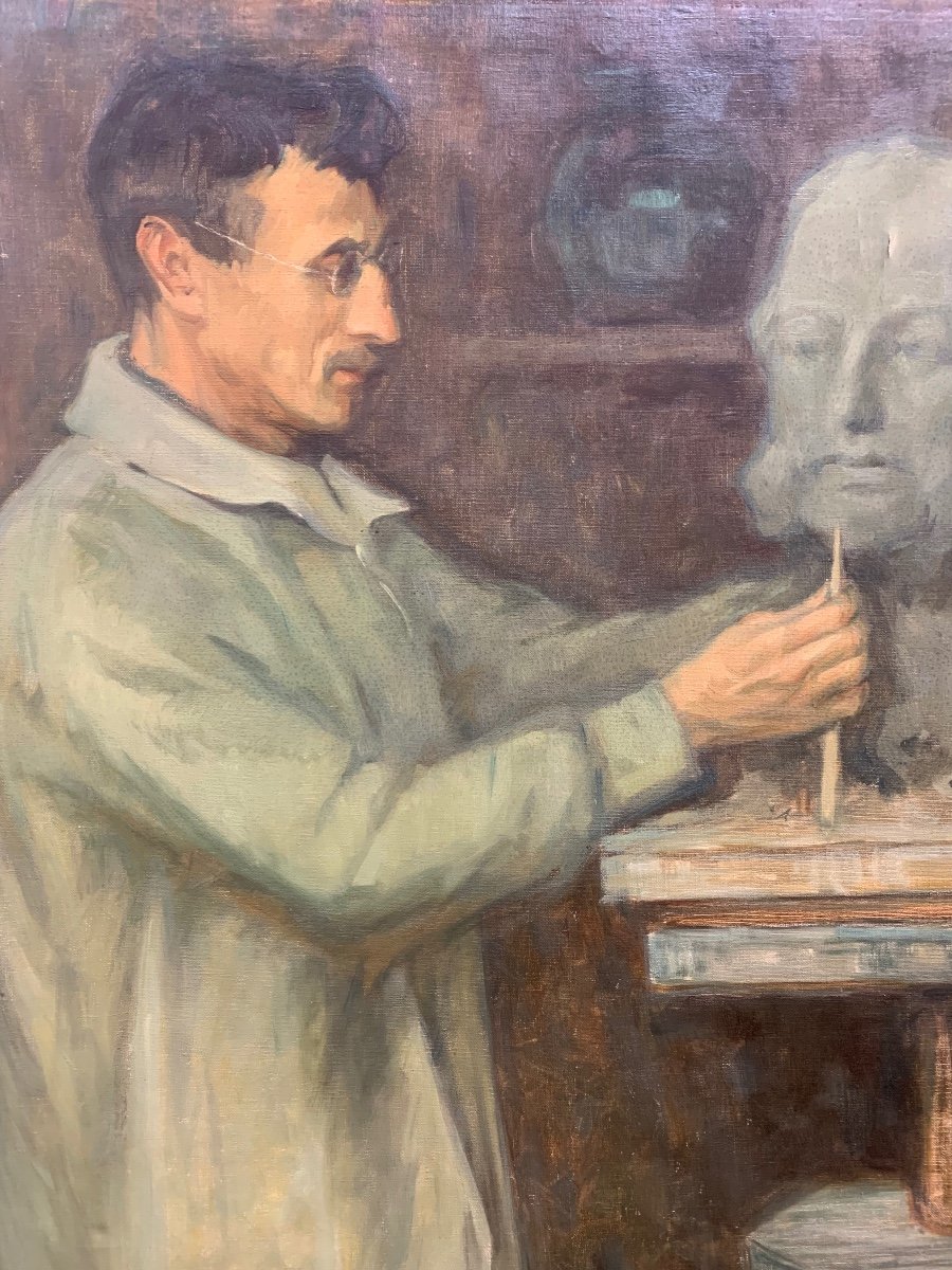 Sculptor At His Easel, Signed Si Grönberger, 192? Swedish Ec, Oil On Canvas 140x70cm-photo-2