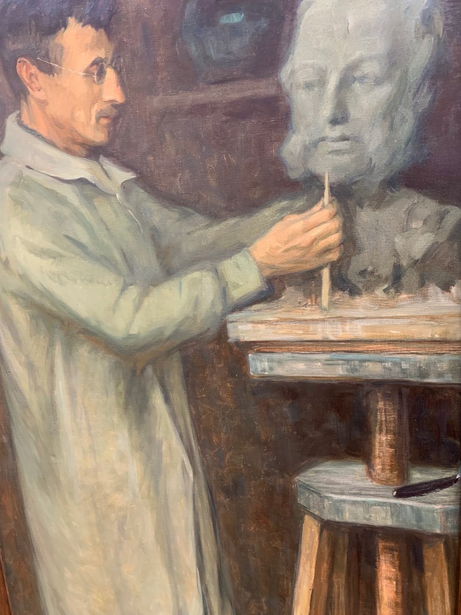 Sculptor At His Easel, Signed Si Grönberger, 192? Swedish Ec, Oil On Canvas 140x70cm-photo-3