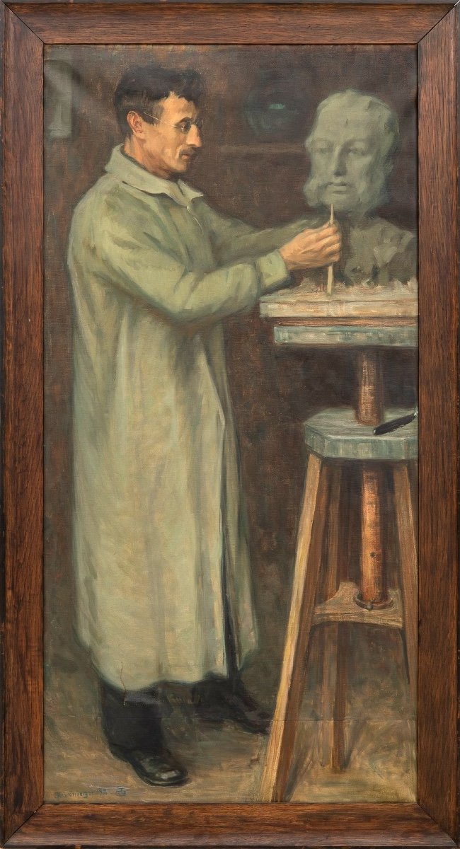 Sculptor At His Easel, Signed Si Grönberger, 192? Swedish Ec, Oil On Canvas 140x70cm