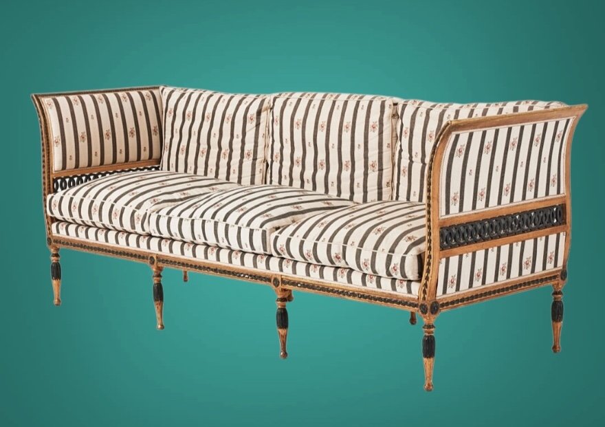 Large Gustavian Empire Sofa, Gilded And Patinated Wood, Length 225cm 