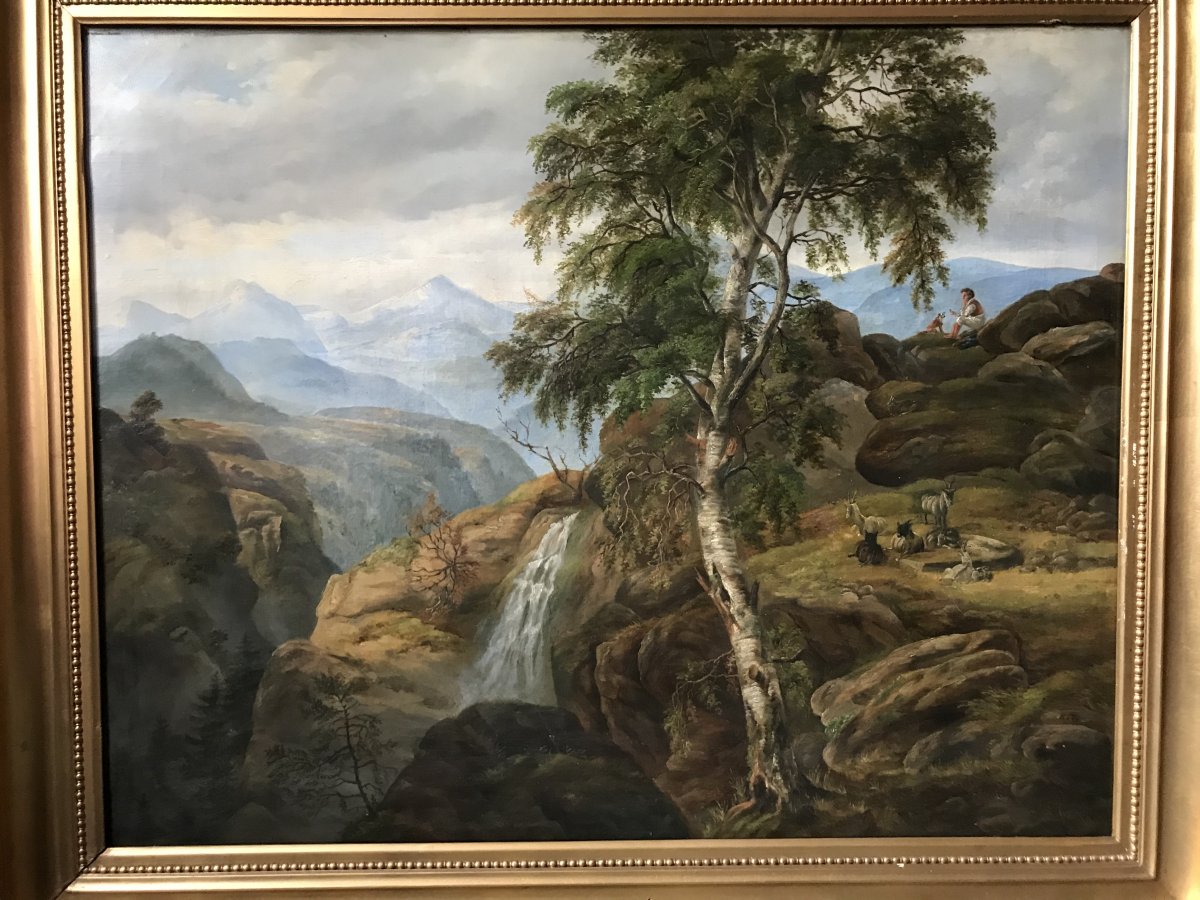 Lumineux Paysage de Montagne , Niels Rademacher Age D’or de la Peinture Danoise 