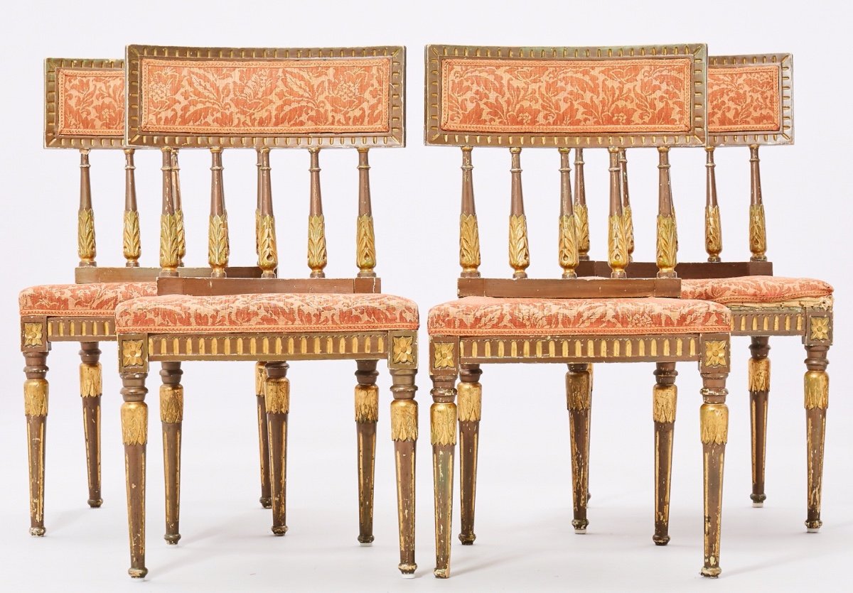 Suite Of 4 Gustavian Style Chairs, Carved Wood Colored Bronze And Gold. Circa 1900