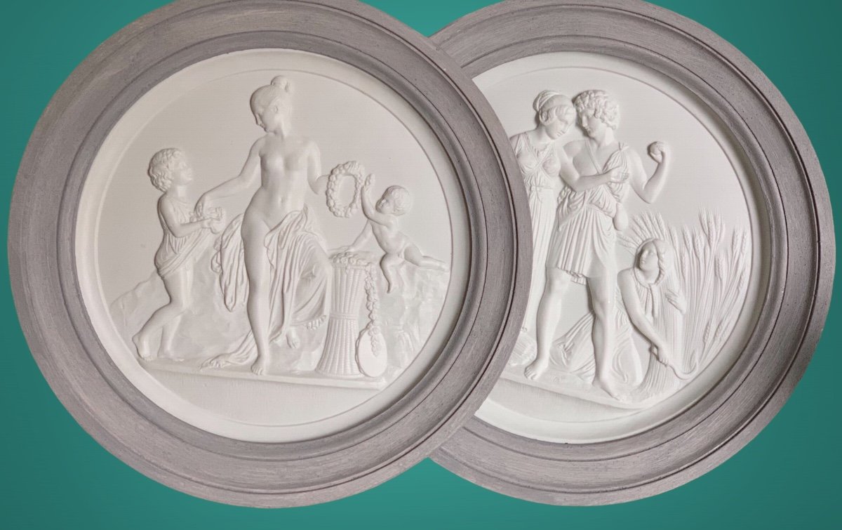 Bas-reliefs:« Les 4 Saisons de la Vie » d’après Thorvaldsen , Grands Médaillons Bicuit Royal Copenhague -photo-4