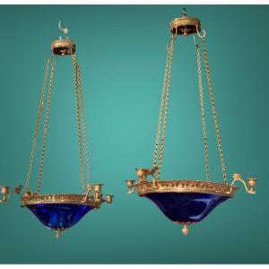 Pair Of Lanterns, Blue Bowls And Gilt Bronze, Neo-classic, Empire Baltic Style 