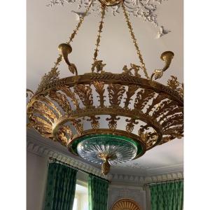 Lustre Neo-classique de Style Empire, Bronze Doré et Cristal Vert 