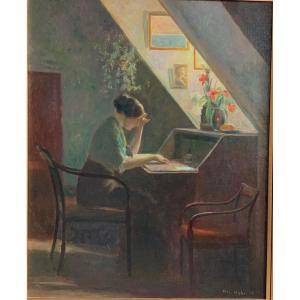 Lady Reading Lit By An Attic , Oil Sign. Friis Nybo, 1914. , Danish School