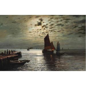 Full Moon Over The Sea, Large Oil/canvas, Sign. Max Von Othegraven Ec. German Late 19th Century.