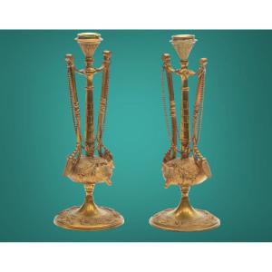 Pair Of Fox Candlesticks, Bronze, Greek Antique Style.