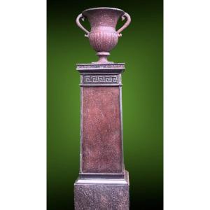 Archaic Vase On  Greek Motif Pedestal Imitating Porphyre, Cast And Polished Steel, Circa 1860 